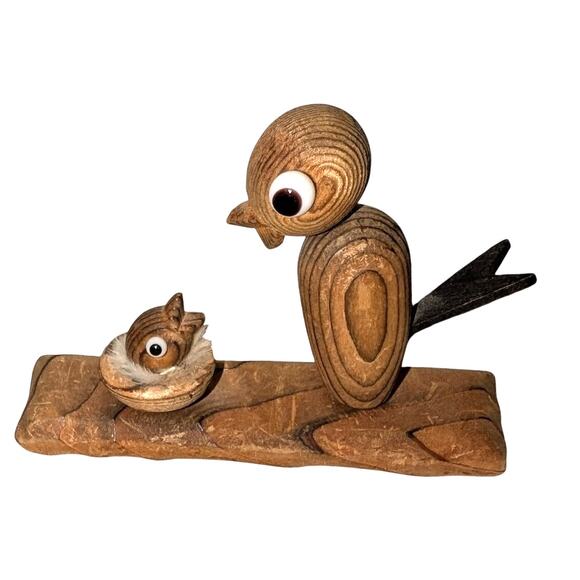 VTG MCM Japanese Otagiri Cryptomeria Mother Baby Bird Nest Hand Carved Figure - Picture 1 of 6